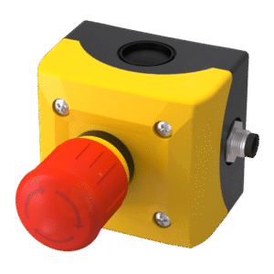 EMERGENCY STOP DEVICE, 2 X POSITIVE OPENING, A-CODED, M12 5 PIN MALE CONNECTION, RED/YELLOW, IP65, BAM02HA